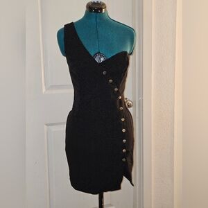 Asymmetric One-Shoulder Black Dress with Button Detail